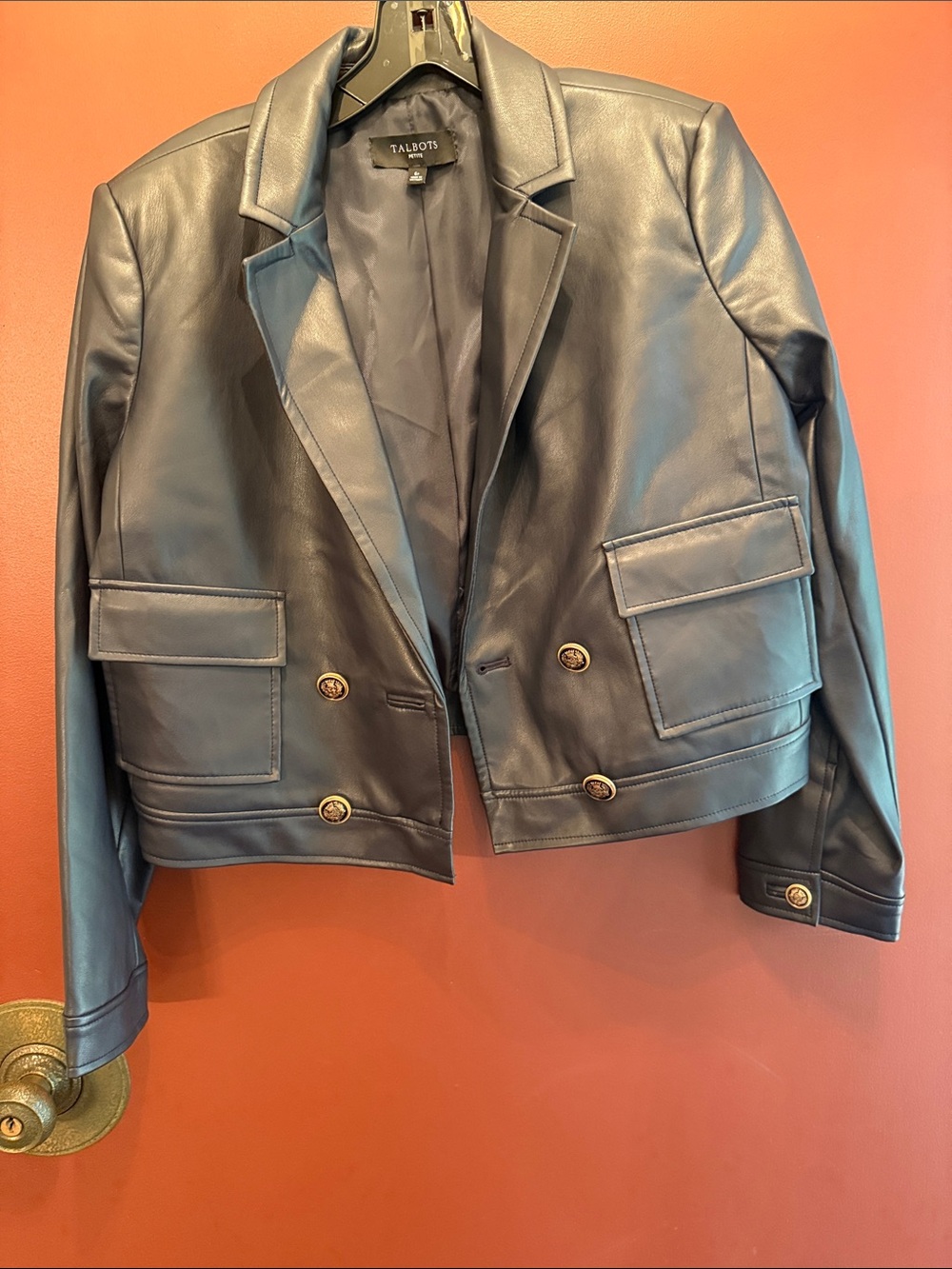 Talbots Black Faux Leather Double-Breasted Blazer Jacket